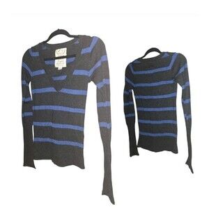 VINTAGE Poof Long Sleeve Hollister Style V-Neck Shirt Blue Stripes S